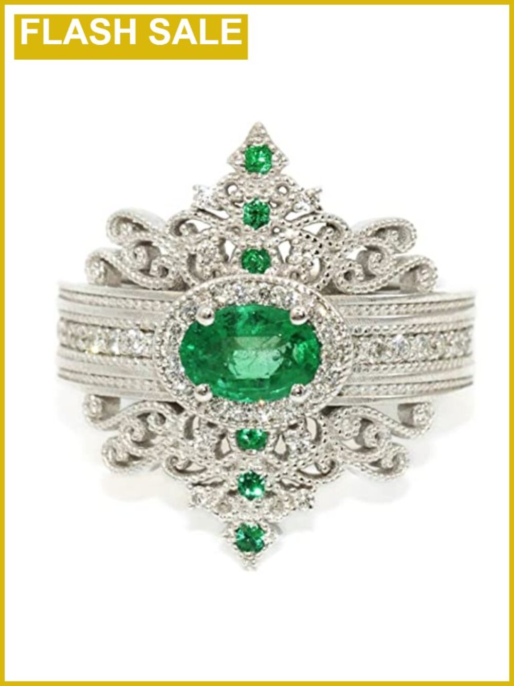 925 Sterling Silver Vintage Hollowed Out Emerald Zircon Ring Women's Jewelry